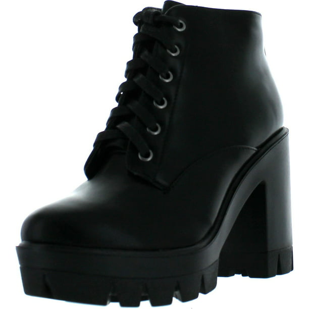 Women Round Toe Lace Up High Top Chunky Thick Heel Lug Sole Platform Combat Boot